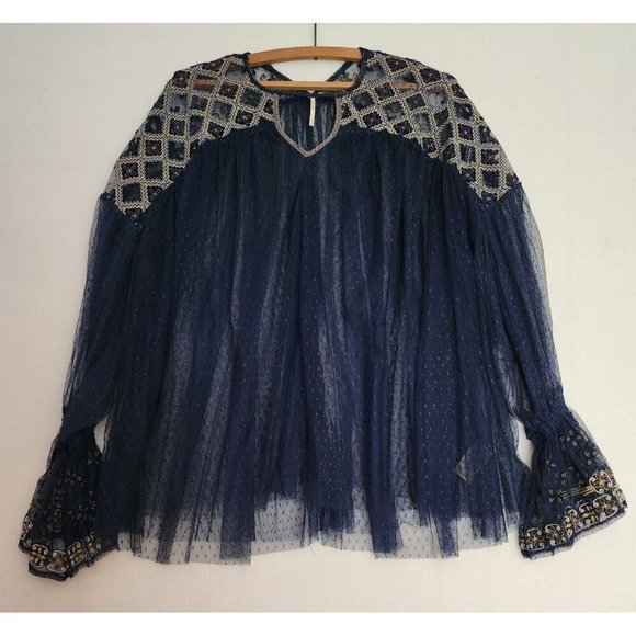 FREE PEOPLE WOMEN'S SMALL NAVY BLUE EMBROIDERED MESH JOYRIDE SHEER TOP BOHO - Picture 1 of 12